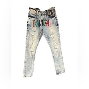 Track 23 Light Blue Distressed Jeans with Colorful Embroidery Size 32x30 NWT